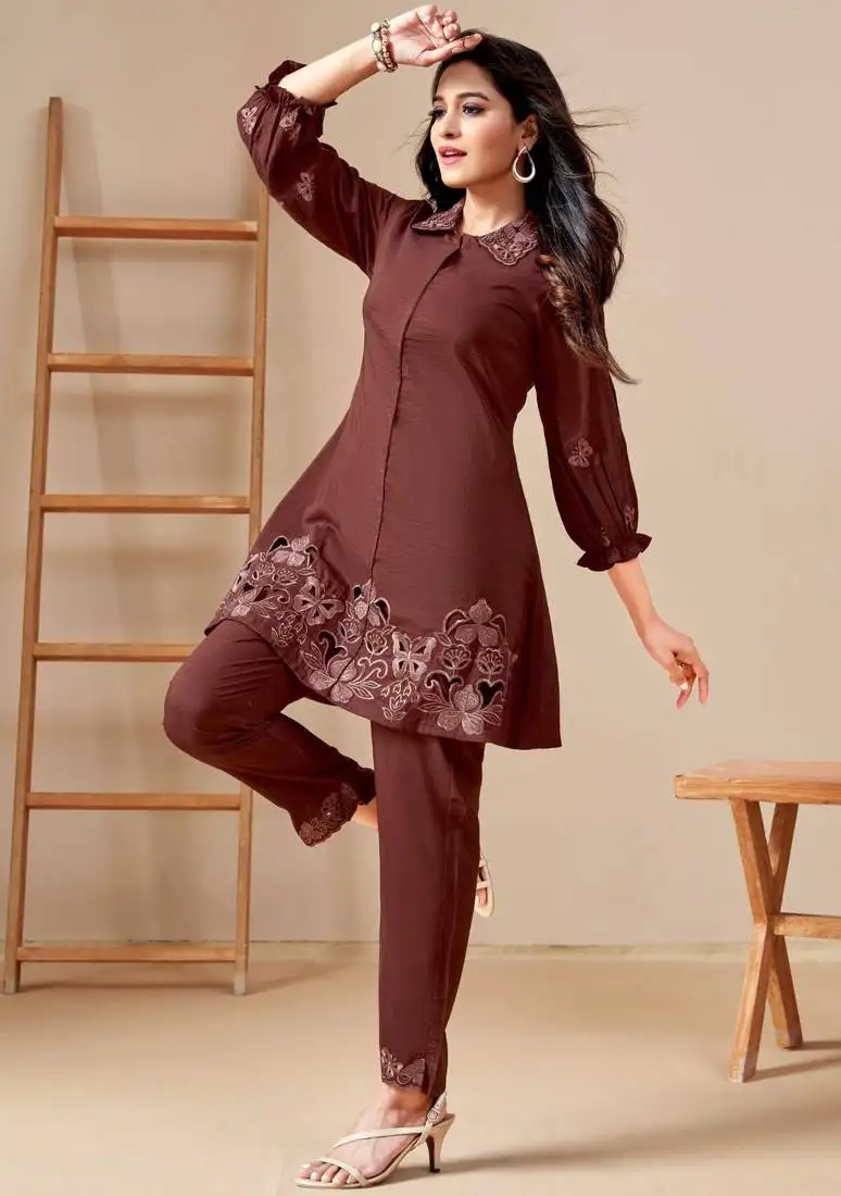Brown embroidered viscose rayon modina peanut co ord sets