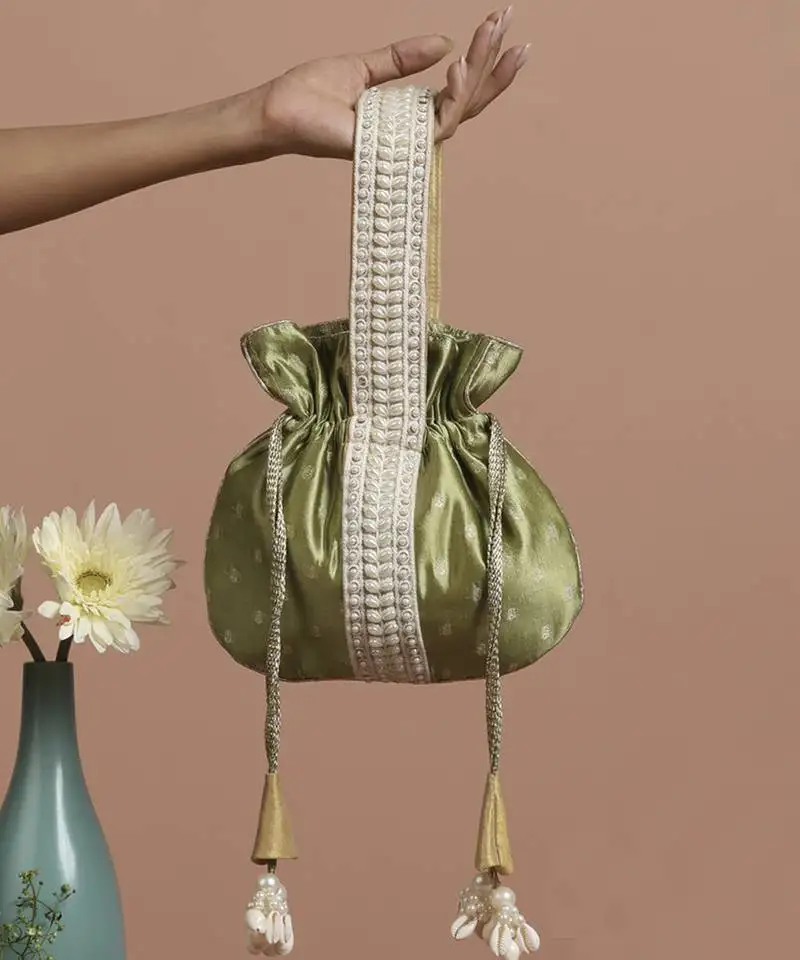 Green pure silk brocade potli bag