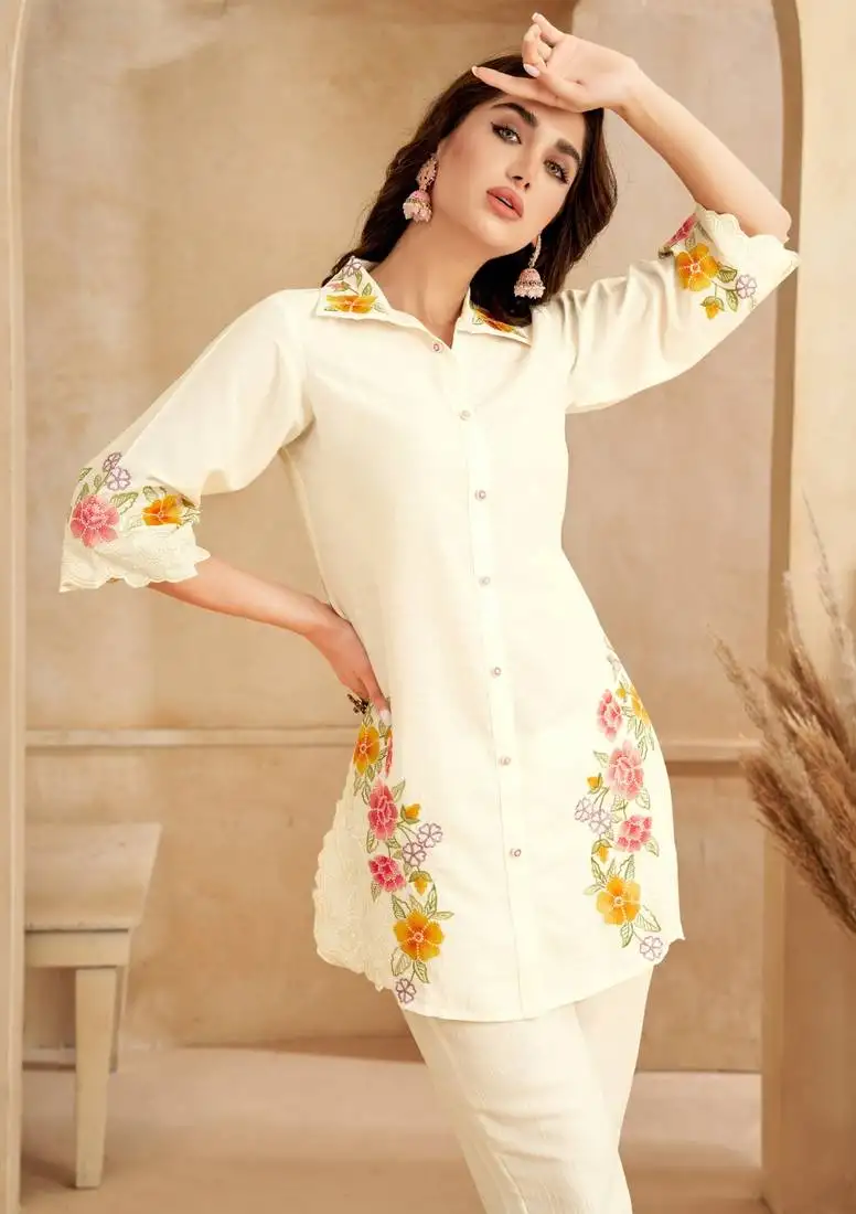 White embroidered viscose rayon asmi pearl co ord sets