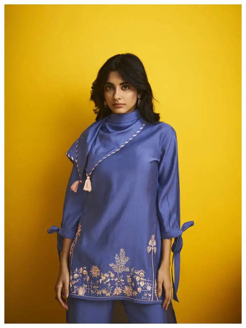 Blue embroidered viscose rayon arohi ink co ord sets