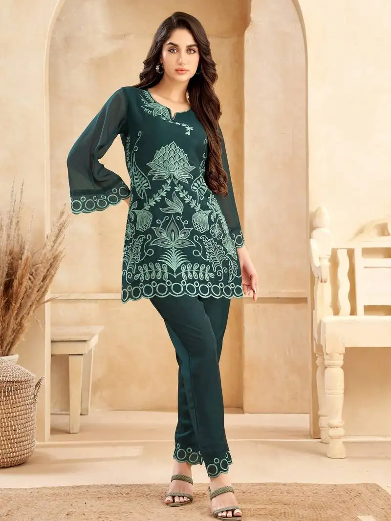 Green embroidered cotton srijan fern co ord sets