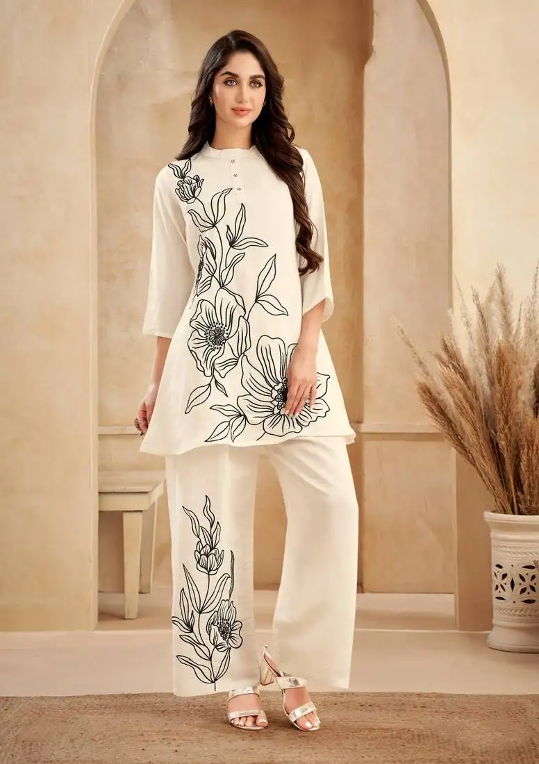 Cream printed viscose rayon asmi frost co ord sets