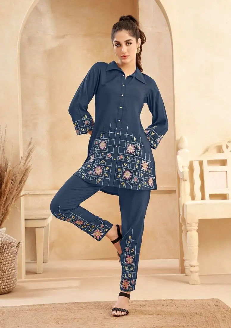 Navy blue embroidered viscose rayon eden navy co ord sets