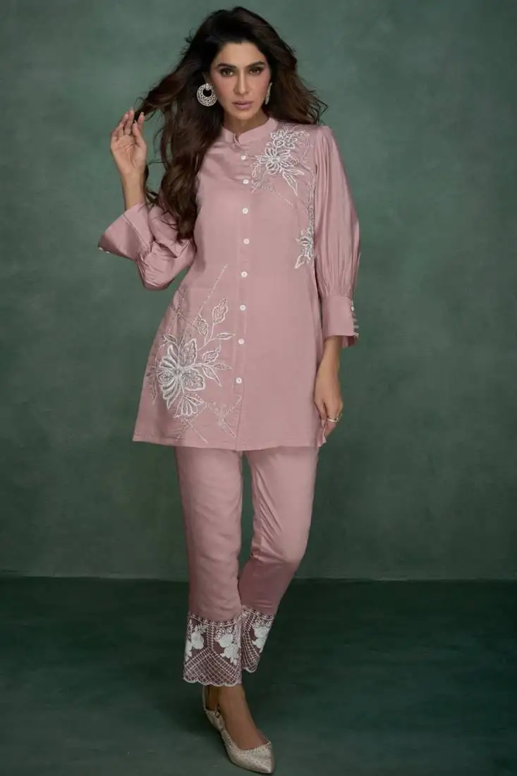 Pink embroidered viscose rayon selena flamingo co ord sets