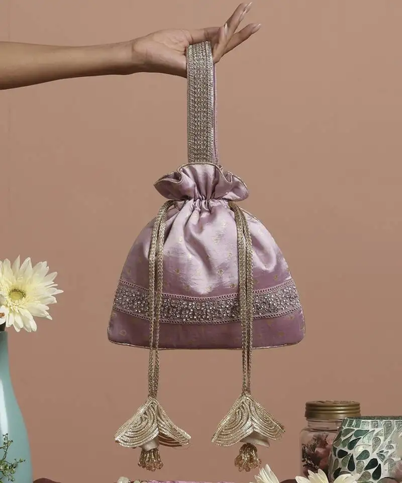 Lavender pure silk brocade potli bag