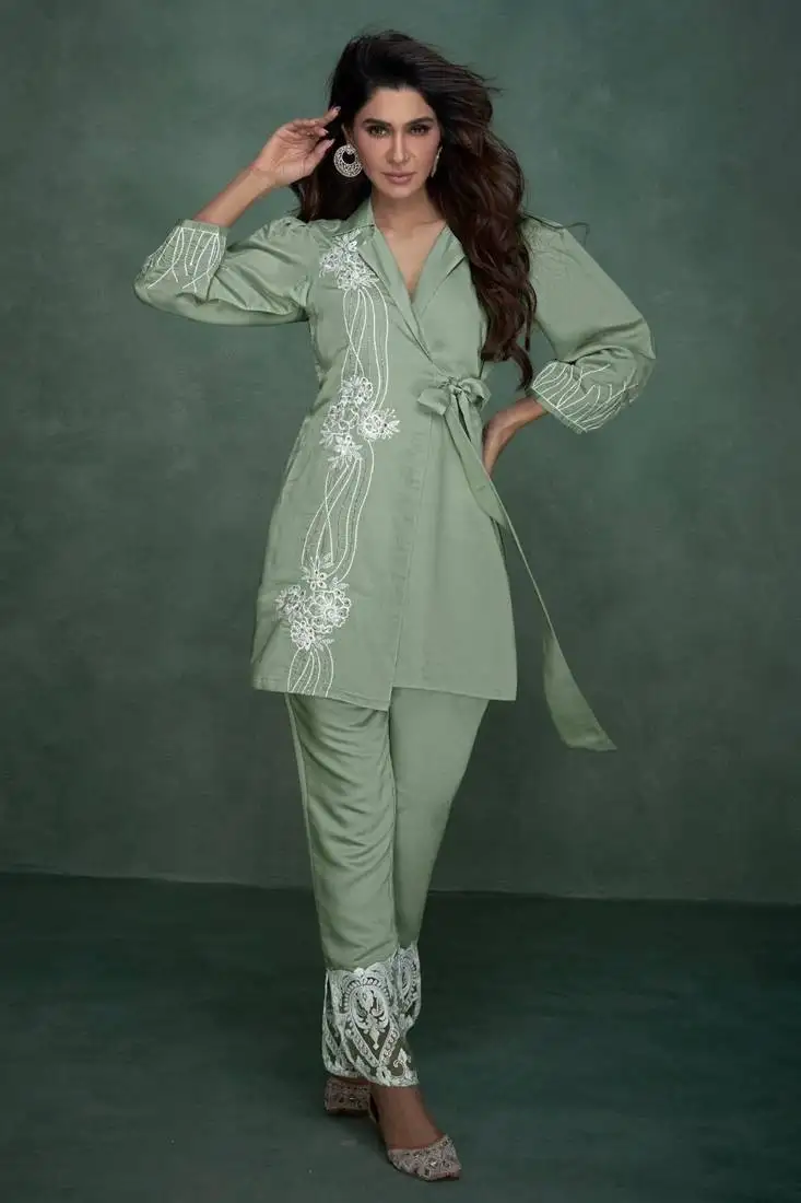 Green embroidered viscose rayon selena pasteli co ord sets