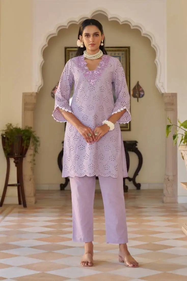 Purple embroidered cotton anumeha lily co ord sets