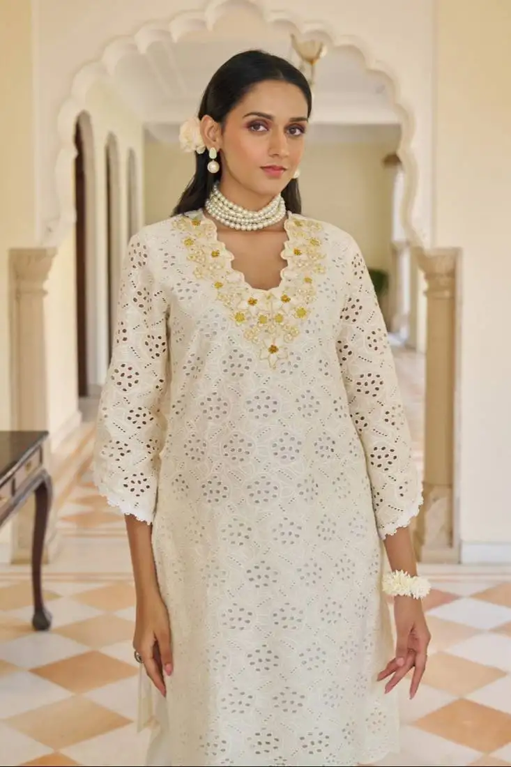 White embroidered cotton anumeha pearl co ord sets