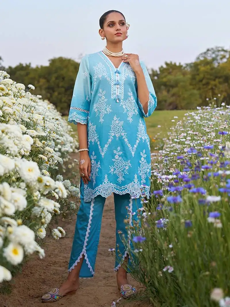 Blue embroidered cotton anumeha ocean co ord sets