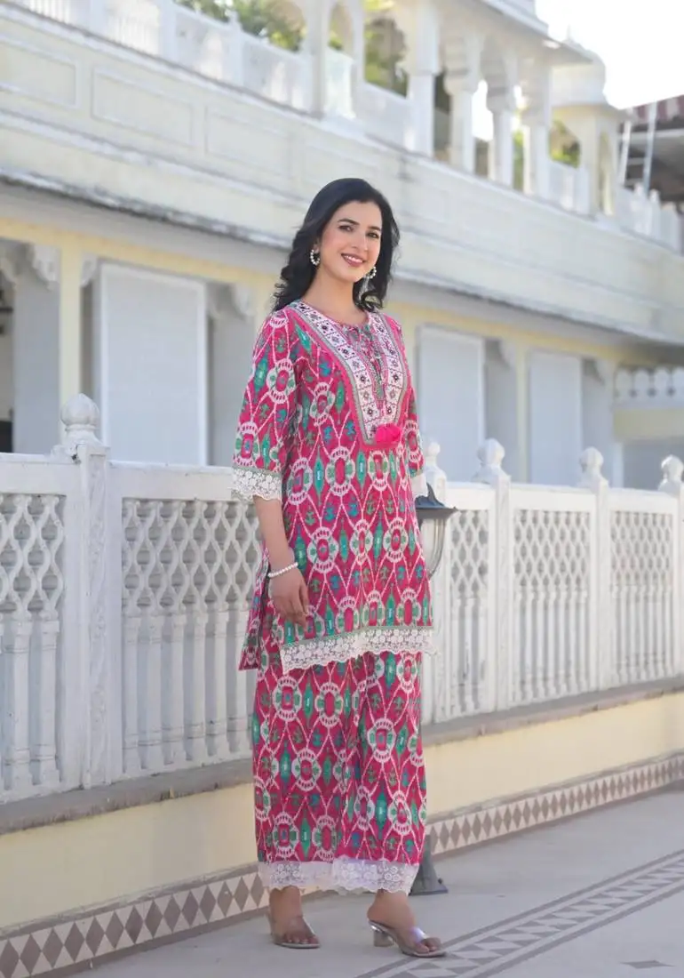 Pink printed cotton aranya lapis co ord sets