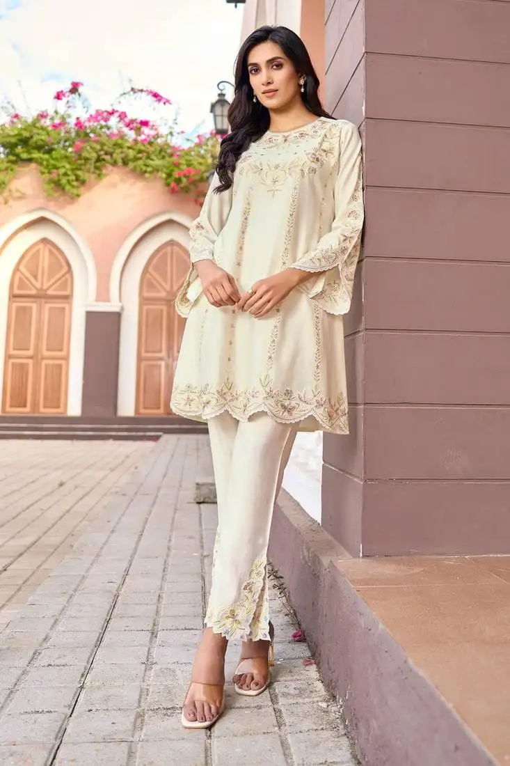 White embroidered viscose rayon ayat angel co ord sets