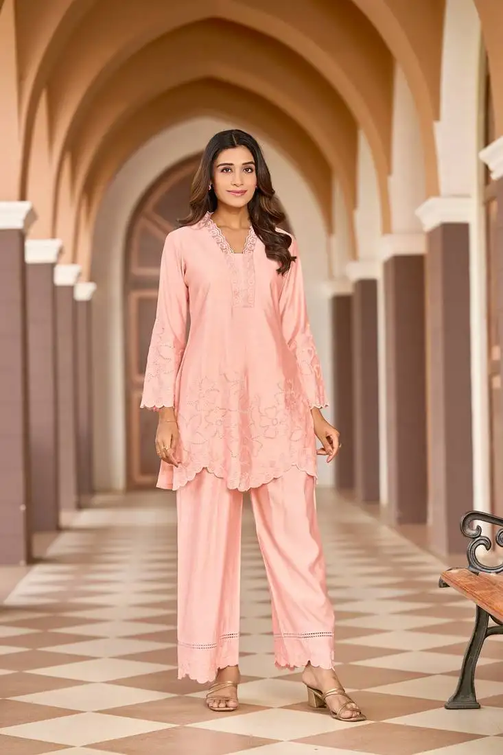 Peach embroidered blended cotton ayat apricot co ord sets