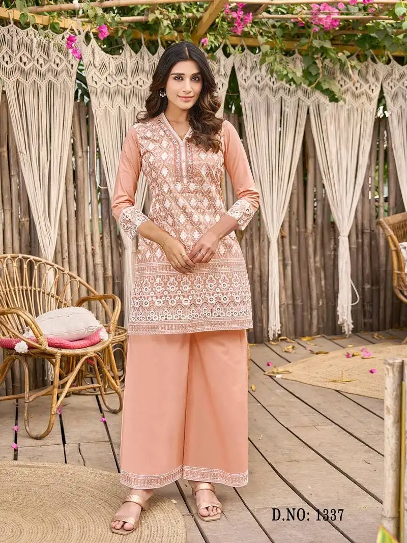 Peach embroidered blended cotton ayat peach co ord sets