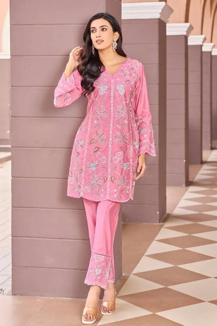 Pink embroidered viscose rayon ayat punch co ord sets