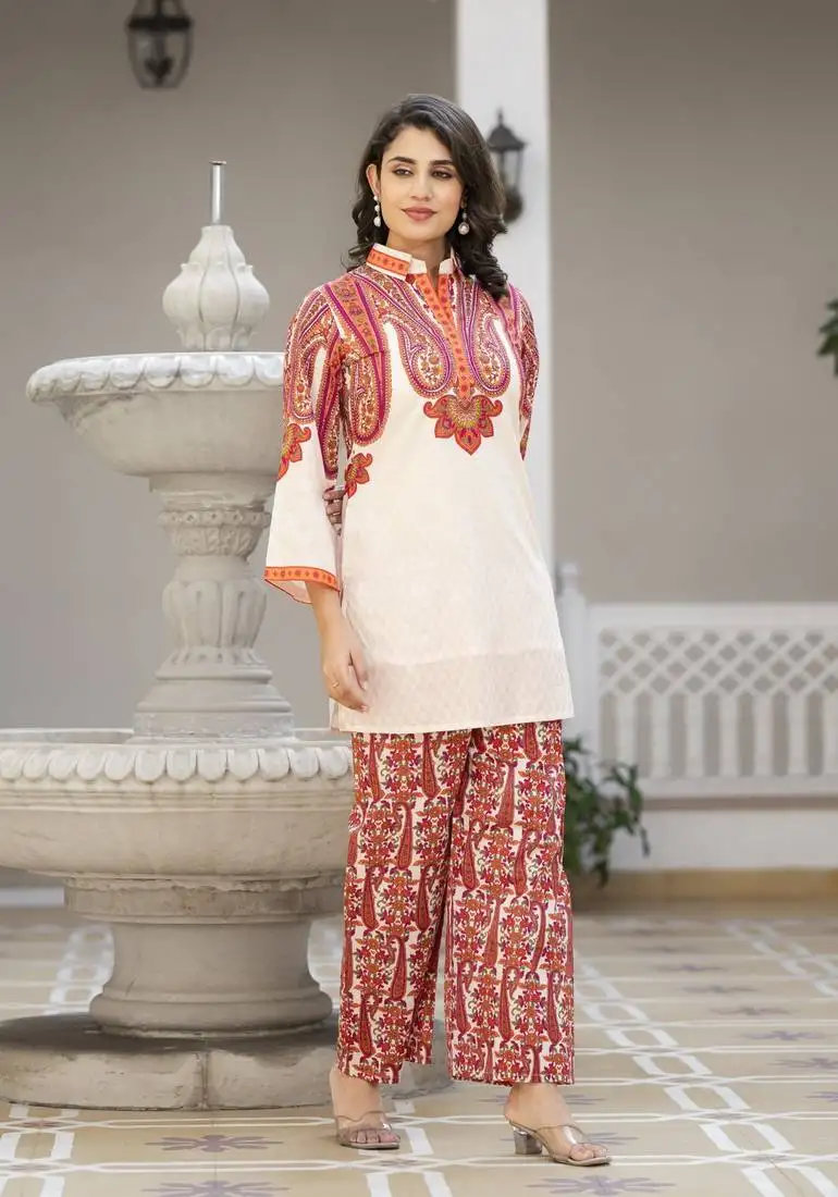 White printed cotton bhakti crimson co ord sets