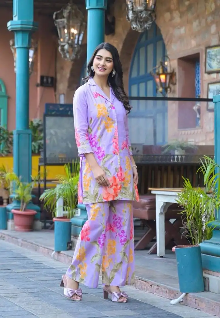 Lavender printed cotton bhakti lilac co ord sets