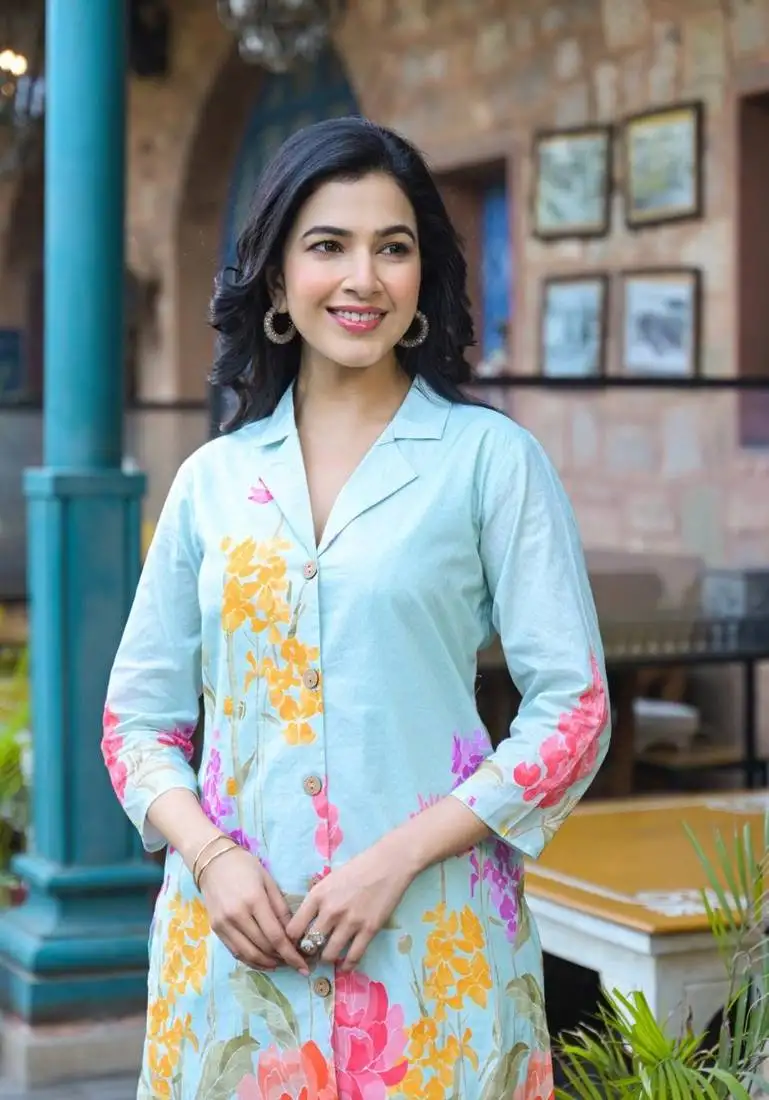 Turquoise printed cotton bhakti seaweed co ord sets