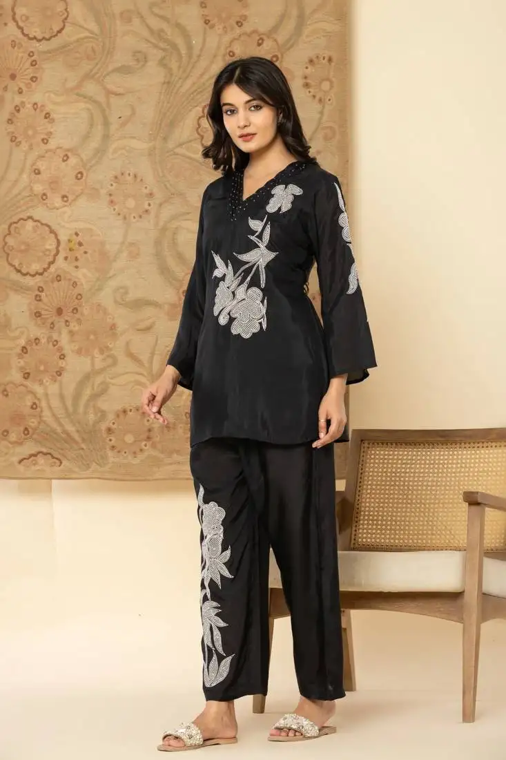 Black embroidered silk blend bodhi onyx co ord sets