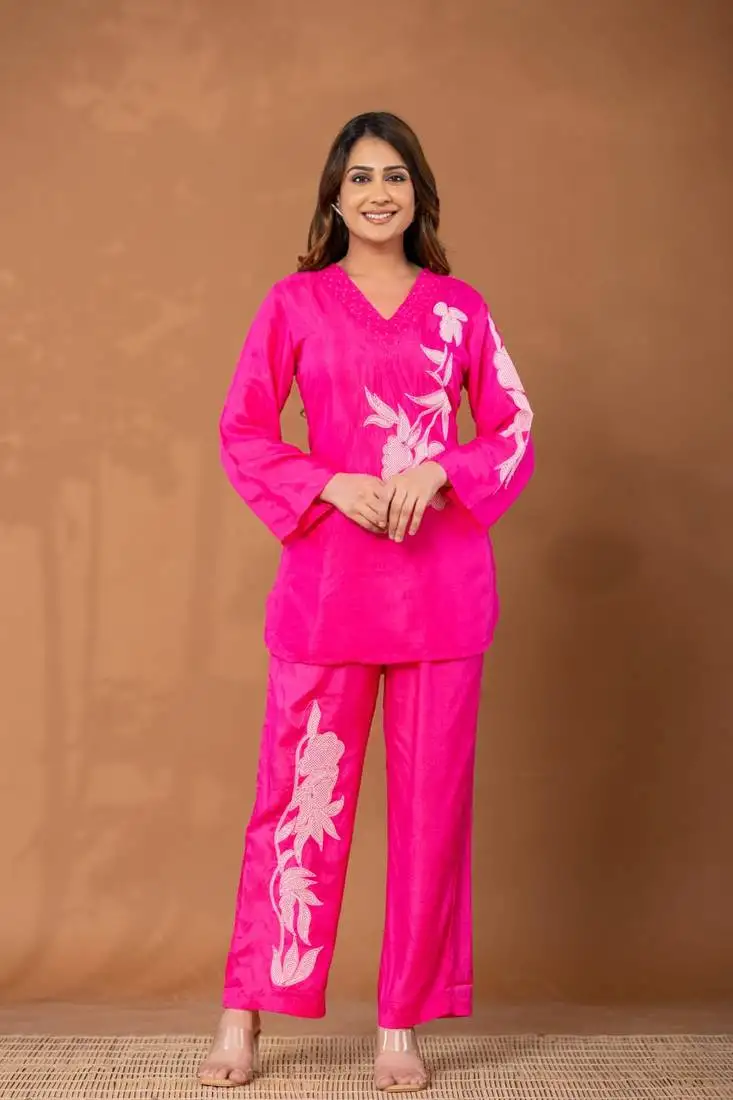 Pink embroidered silk blend bodhi poppy co ord sets