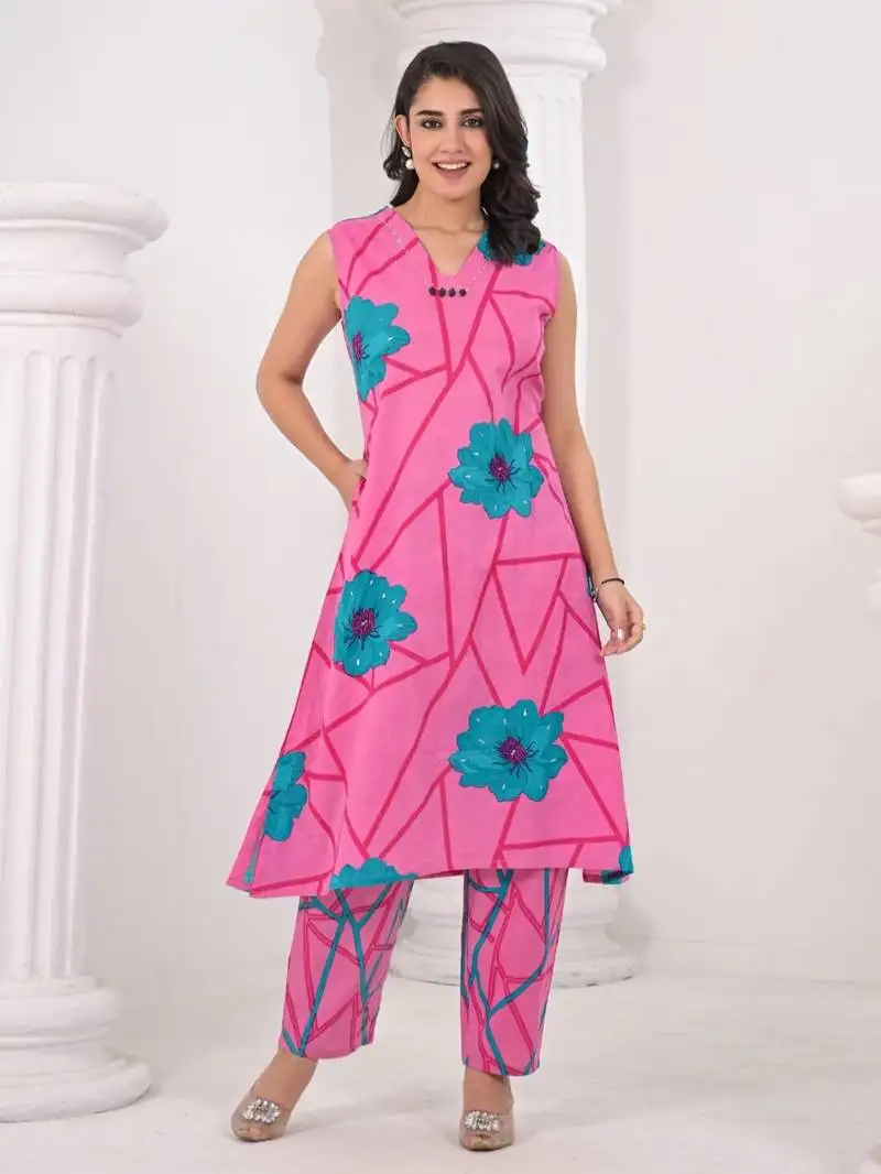 Pink printed cotton colba candy co ord sets