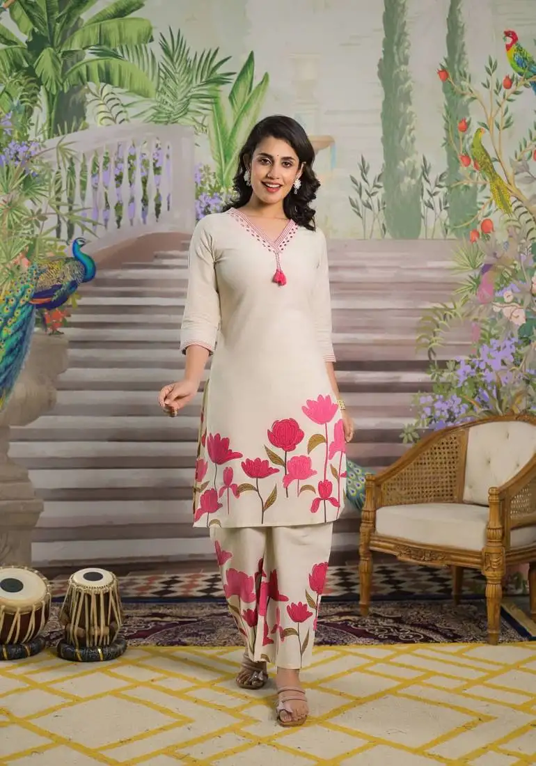 Cream printed cotton colba crimson co ord sets