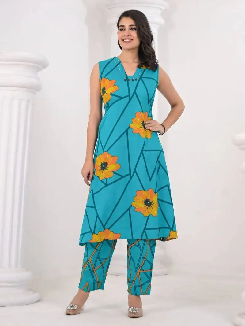 Turquoise printed cotton colba iris co ord sets