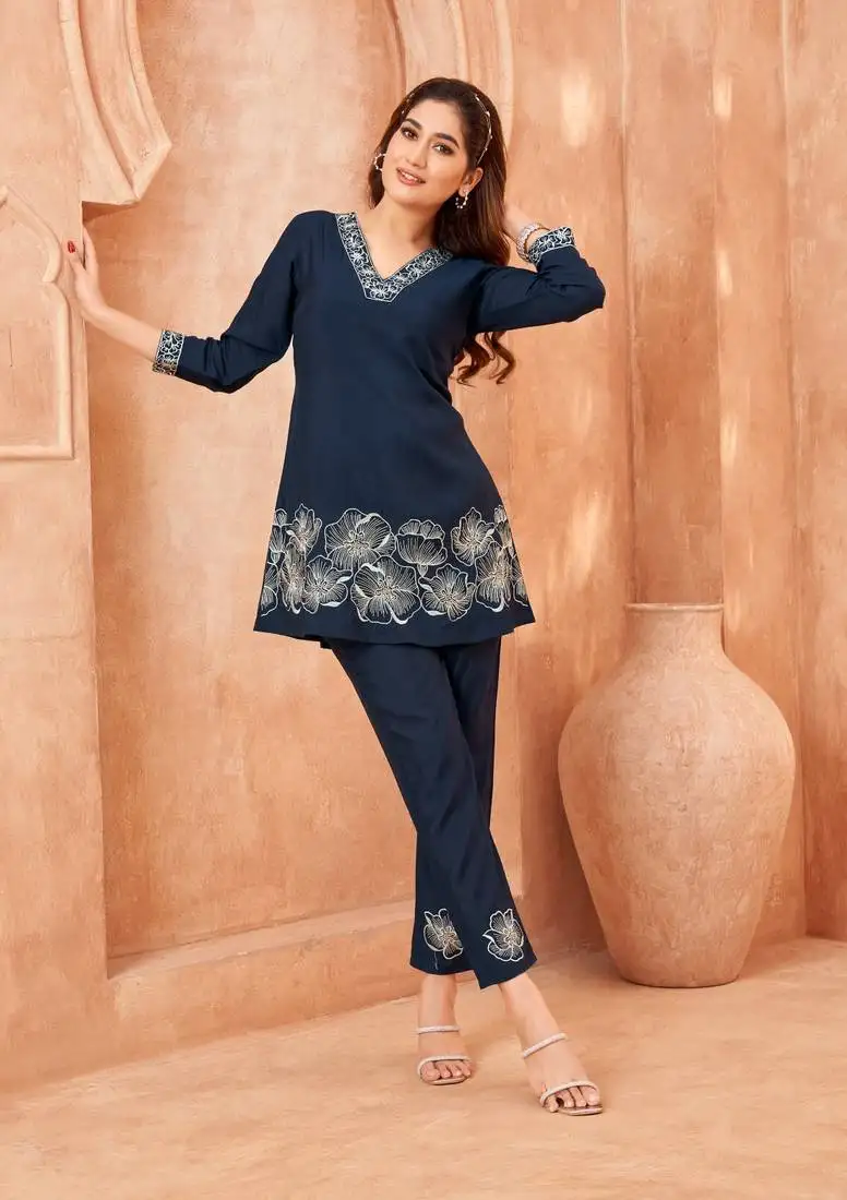 Blue embroidered viscose rayon darika azure co ord sets