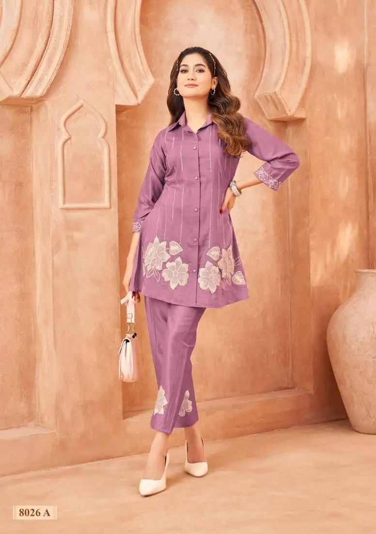 Purple embroidered viscose rayon darika orchid co ord sets