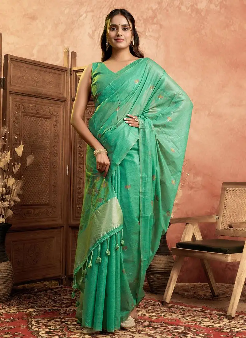 Sea green cotton spun floral jamdani saree with running blouse