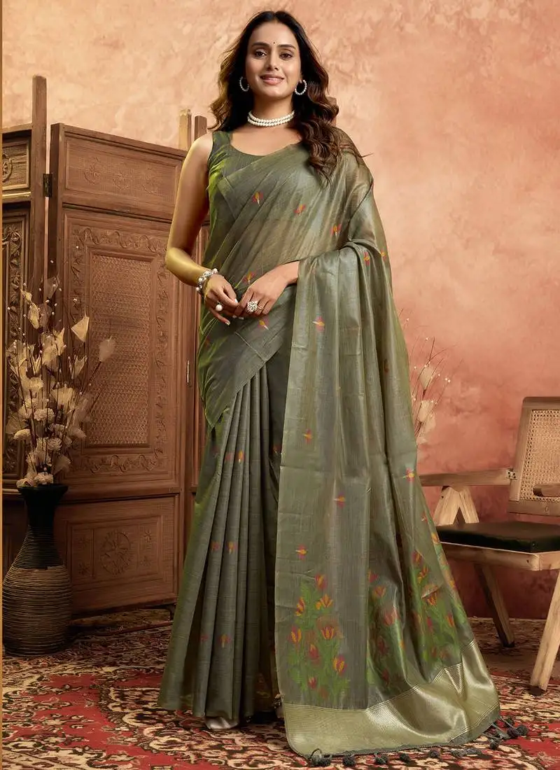 Olive green cotton spun floral jamdani saree with running blouse