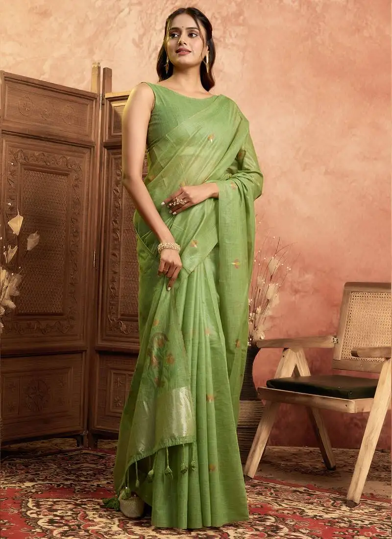 Parrot green cotton spun floral jamdani saree with running blouse