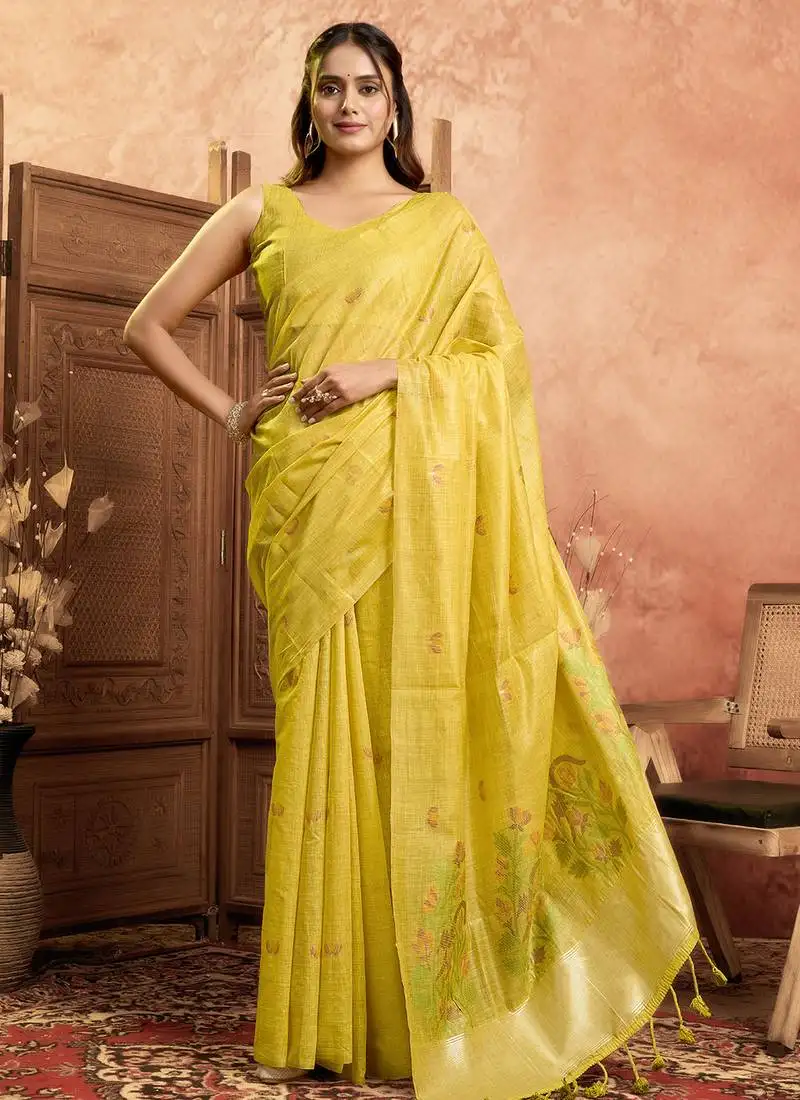 Yellow cotton spun floral jamdani saree with running blouse