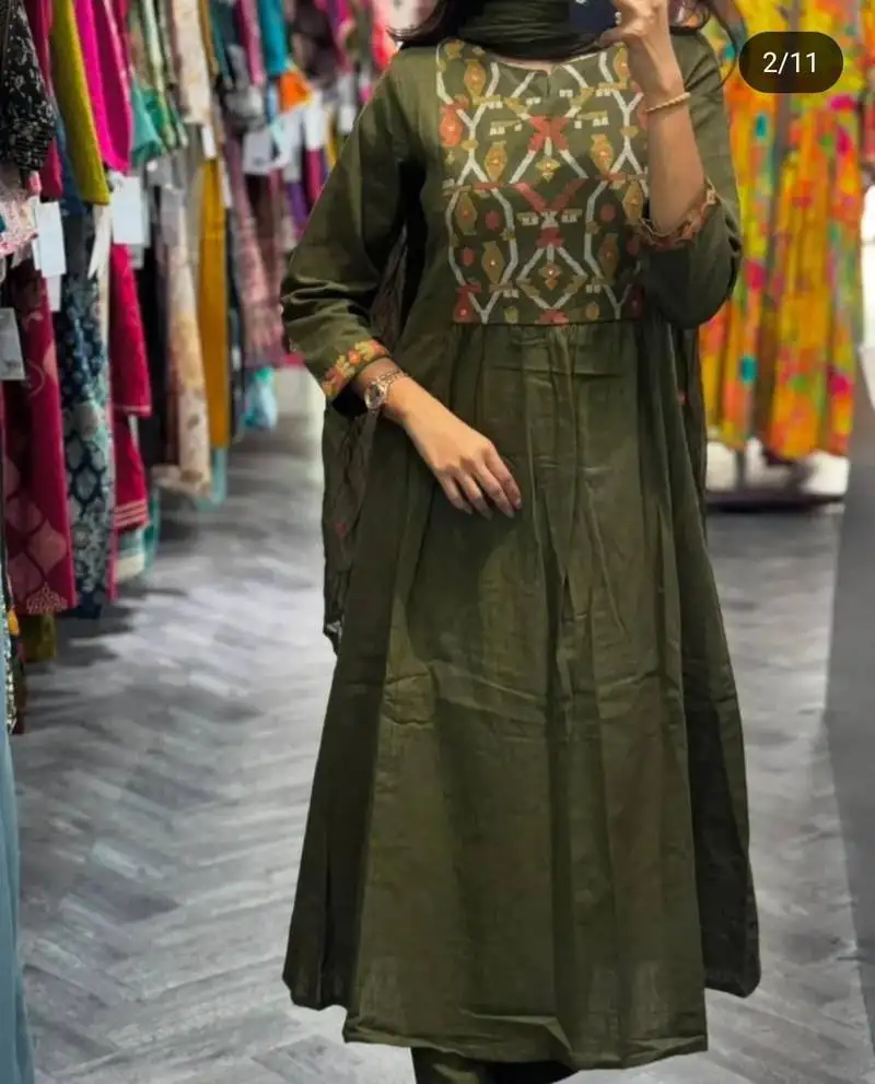 Olive green cotton a-line anarkali kurti pant dupatta set