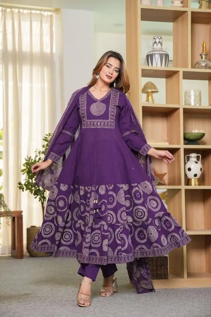 Purple cotton full flare anarkali kurti pant dupatta set
