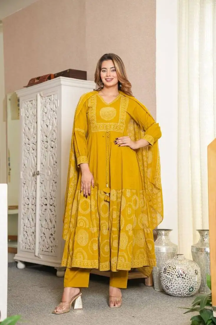 Cotton full flare anarkali kurti pant dupatta set