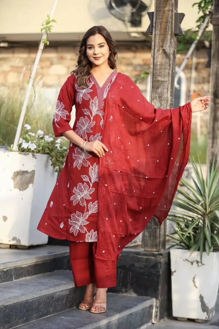 Cotton cambric kurti pant dupatta set