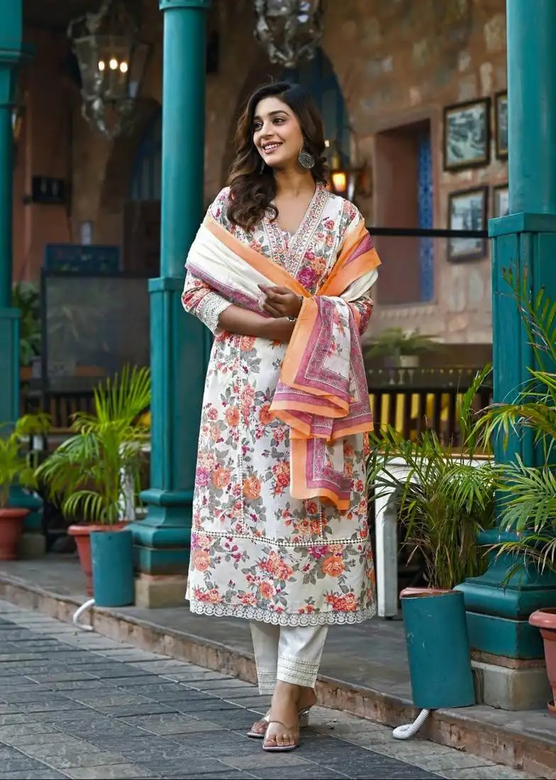 Cotton a-line anarkali kurti pant dupatta set