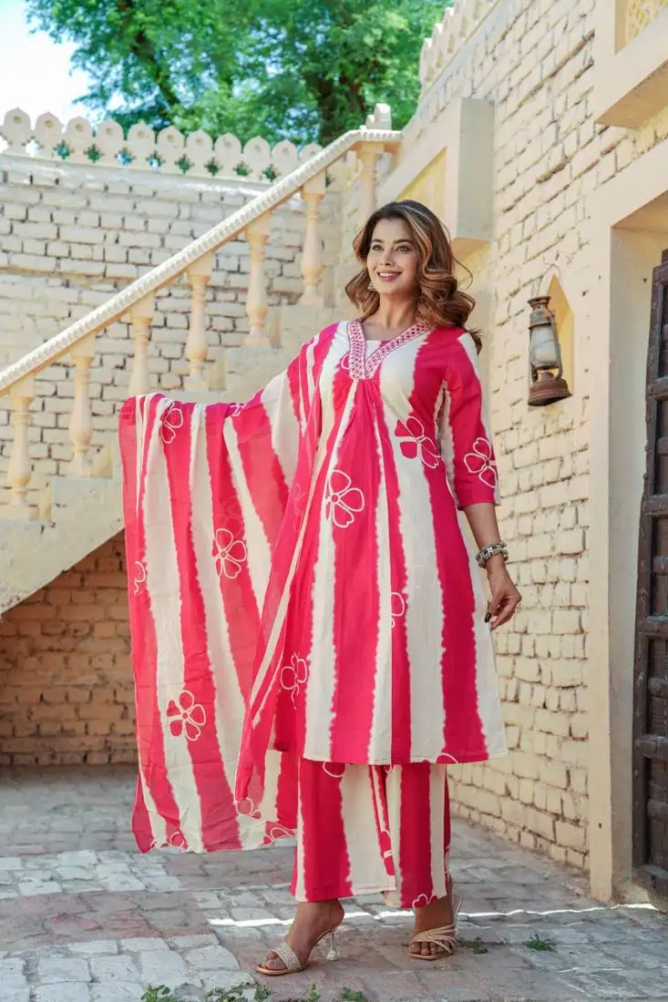 Red cotton a-line anarkali kurti pant dupatta set