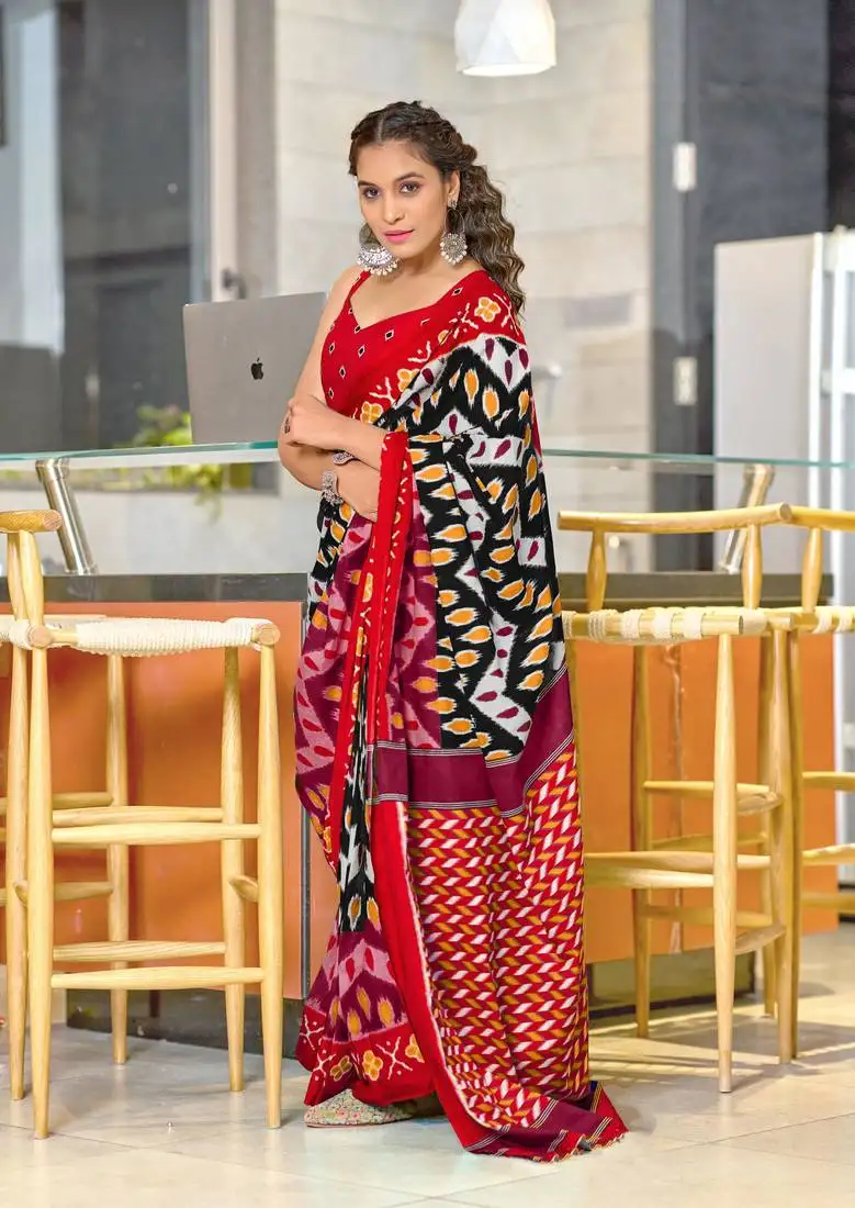 Black soft cotton block print saree with unstitched blouse piece