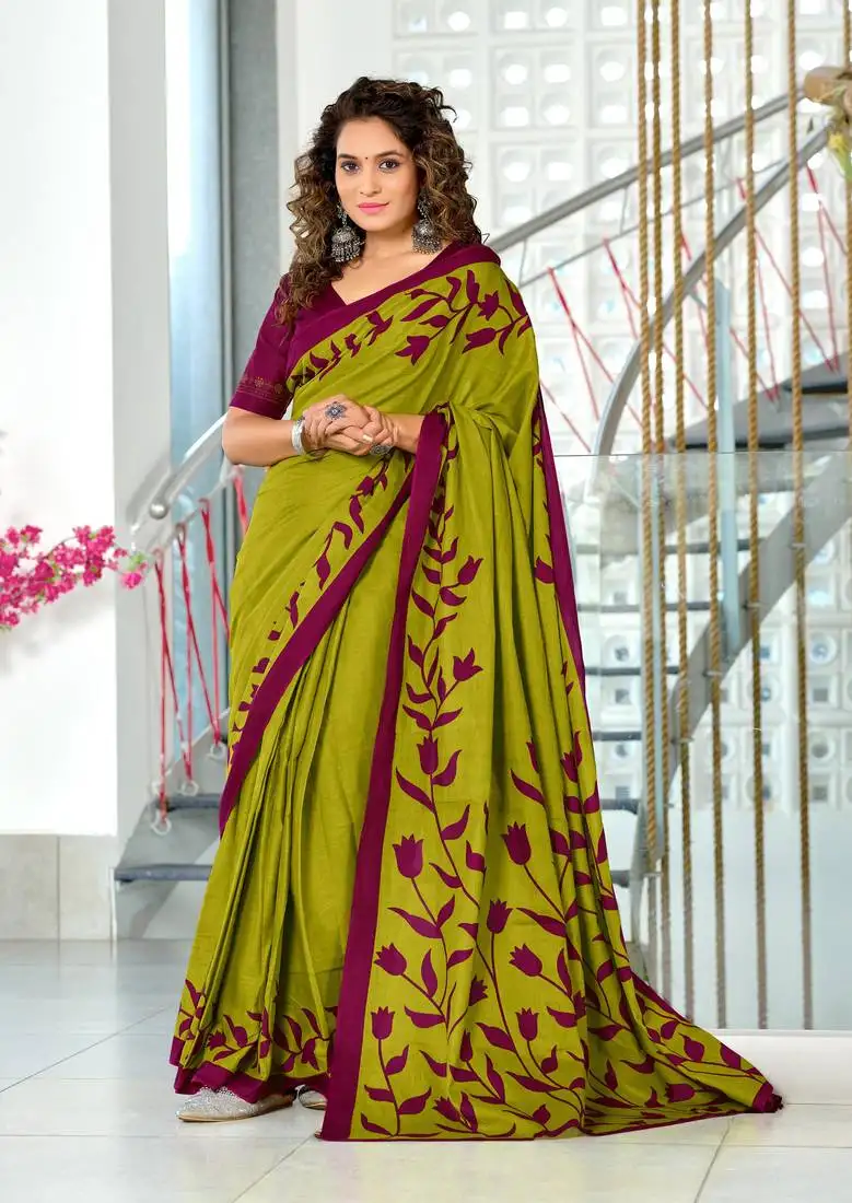 Green soft cotton block print saree with unstitched blouse piece