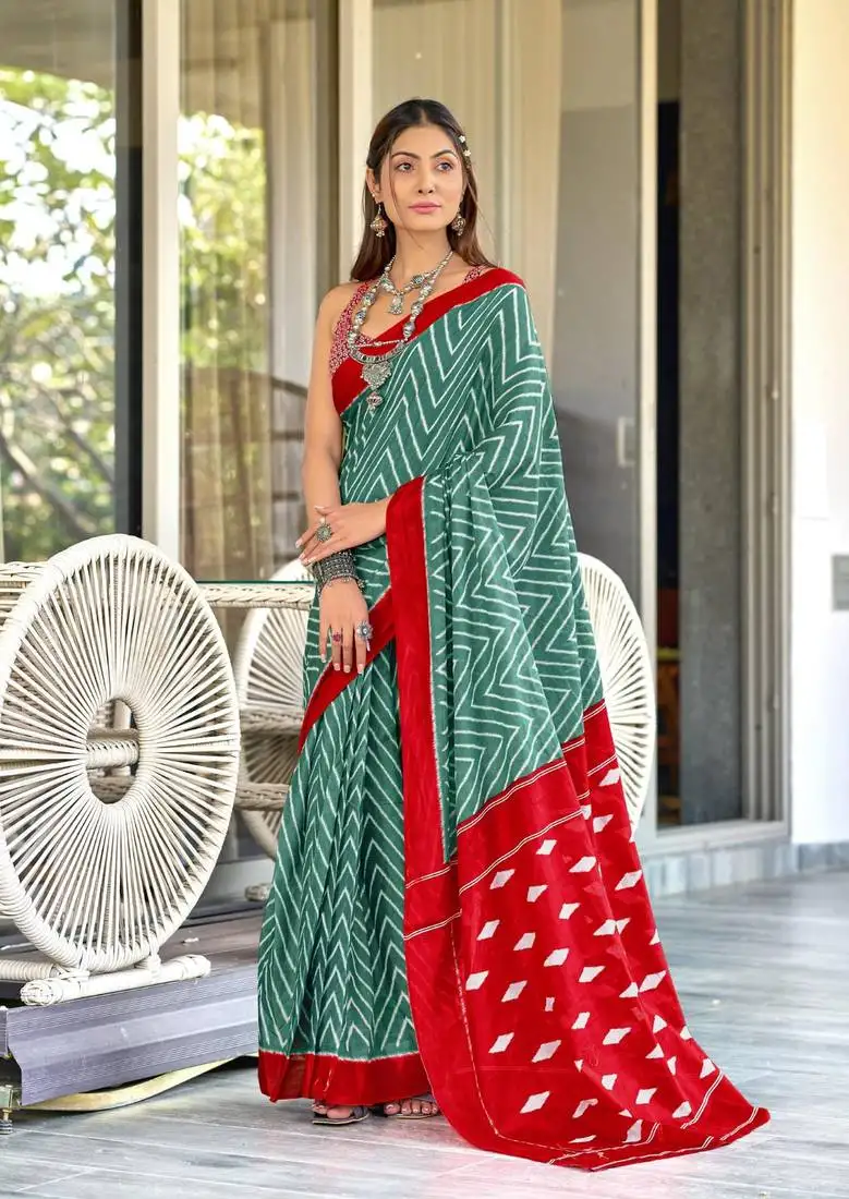 Teal soft cotton block print saree with unstitched blouse piece