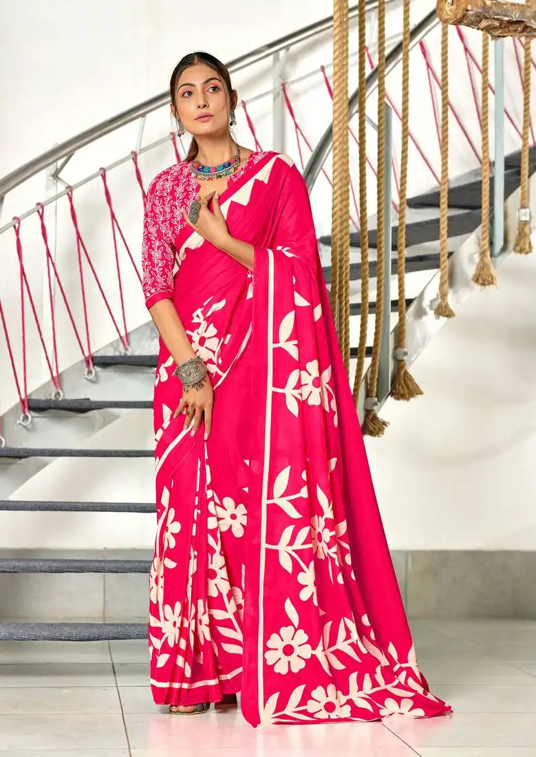 Pink soft cotton block print saree with unstitched blouse piece