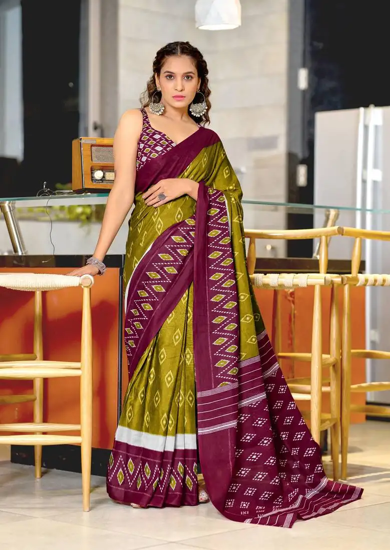 Olive soft cotton block print saree with unstitched blouse piece