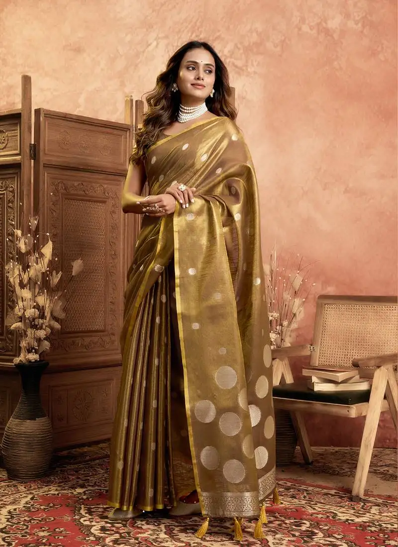 Brown polka weave tissue silk saree with all over weave blouse