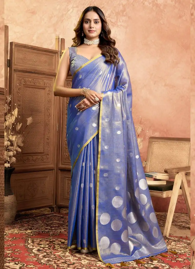 Blue polka weave tissue silk saree with all over weave blouse