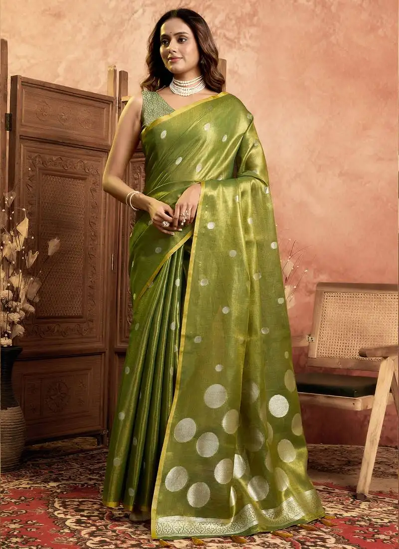 Mehndi polka weave tissue silk saree with all over weave blouse