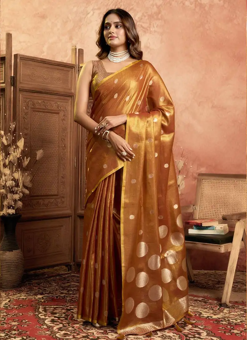 Mustard polka weave tissuse silk saree with all over weave blouse