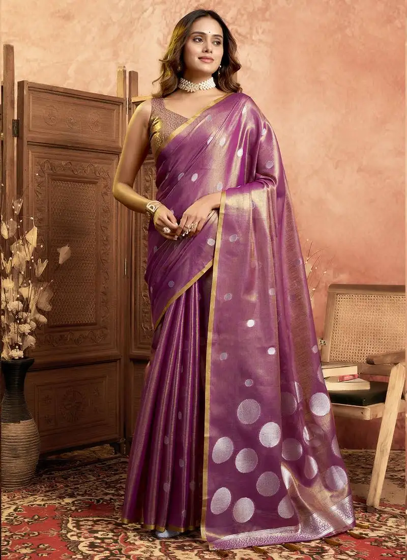 Violet polka weave tissue silk saree with all over weave blouse