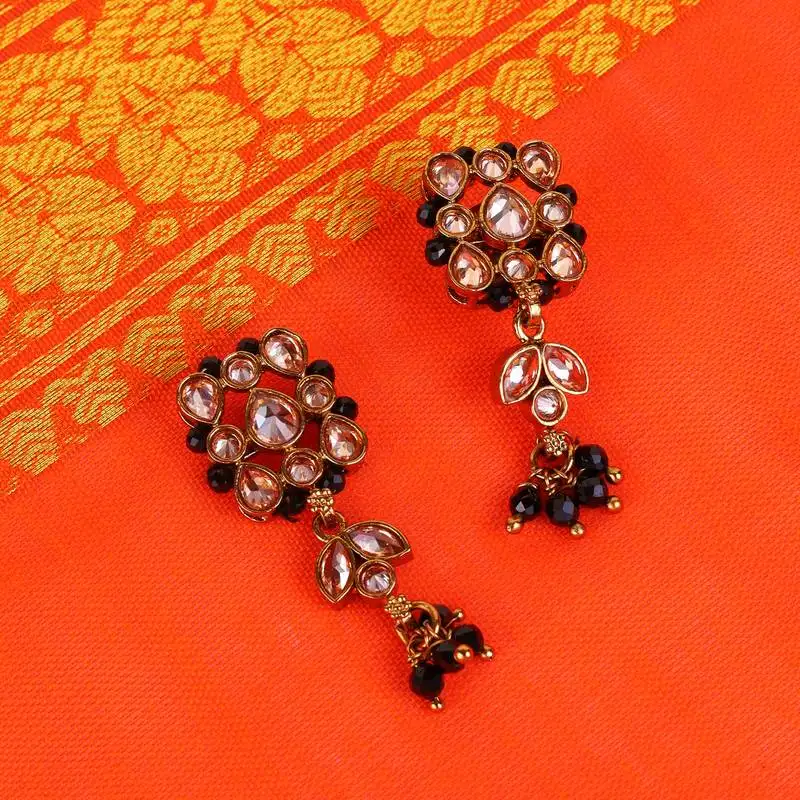 Flower design black beads antique gold plated brass dangle earring for women and girls