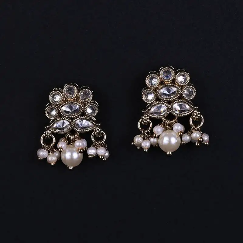 Flower design and pearl antique gold plated brass drop earring for women and girls